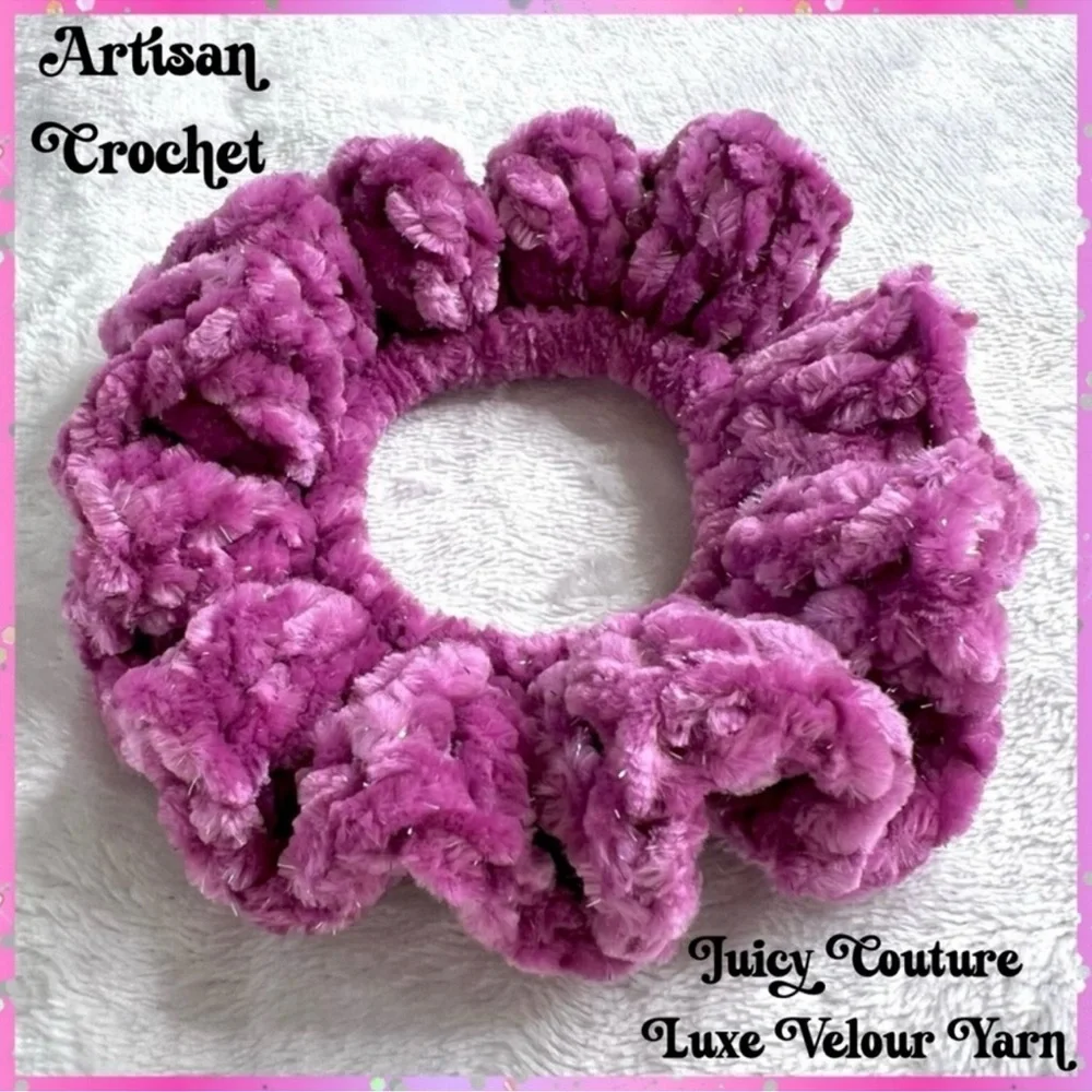 Handmade Crochet VELVET Luxe Pinkish Purple Hair Scrunchie PinkRainCloud